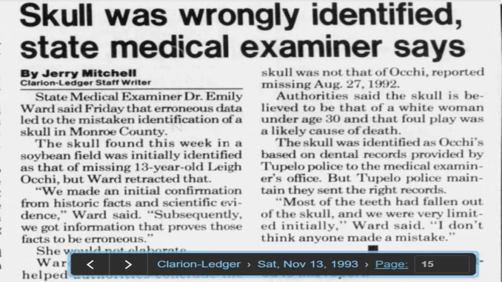 1993 Clarion-Ledger newspaper clipping about the retraction of a mistaken identification in the Leigh Occhi case.