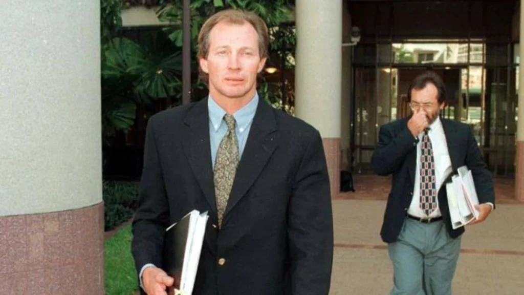MV Outer Edge skipper Jack Nairn walking outside a Queensland courthouse during his 1999 legal proceedings.