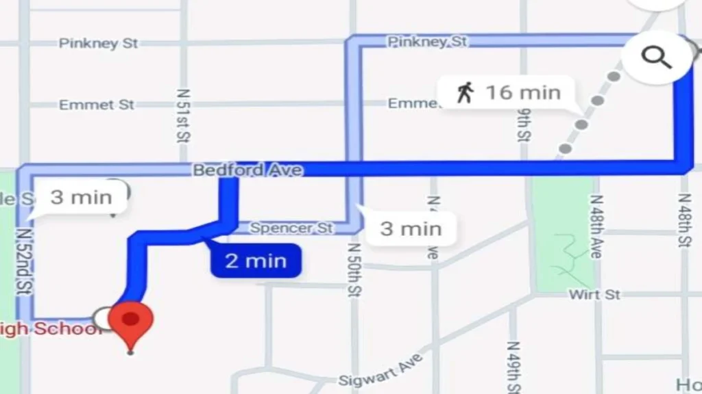 Map tracing Jason Jolkowski’s expected walking route from his home to Benson High School in Omaha.