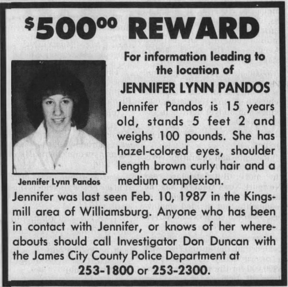 The missing persons poster released for Jennifer Pandos in the newspapers, declaring a 500 dollar reward. 