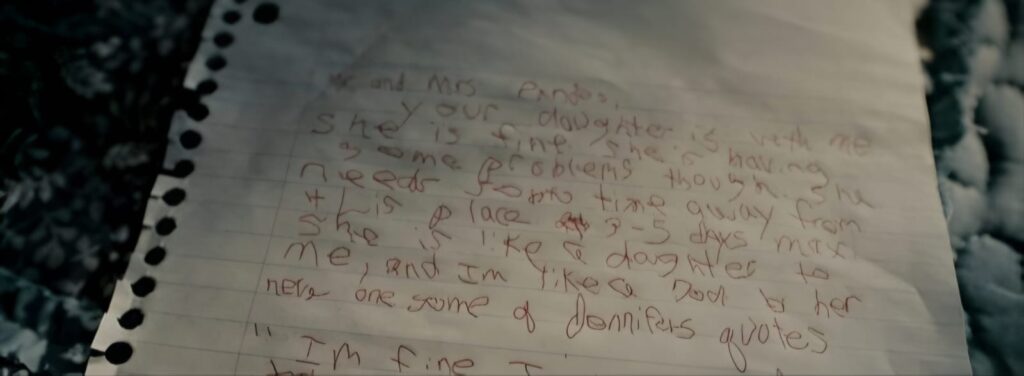 An excerpt from the original note that had reportedly been left behind by Jennifer Pandos upon her disappearance, This image was taken from the 2023 HBO Docu-series, 'Burden of Proof', directed and produced by Cynthia Hill, based on Jennifer's disappearance.