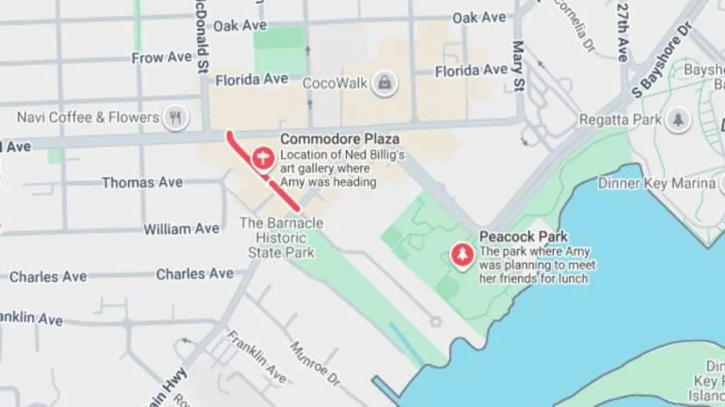 Map showing Amy Billig’s route through Coconut Grove from her family home toward her father’s gallery before she disappeared.