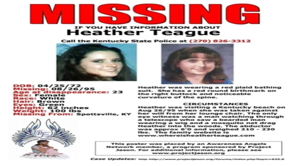 Official missing-person poster featuring photographs and identifying information for Heather Teague.
