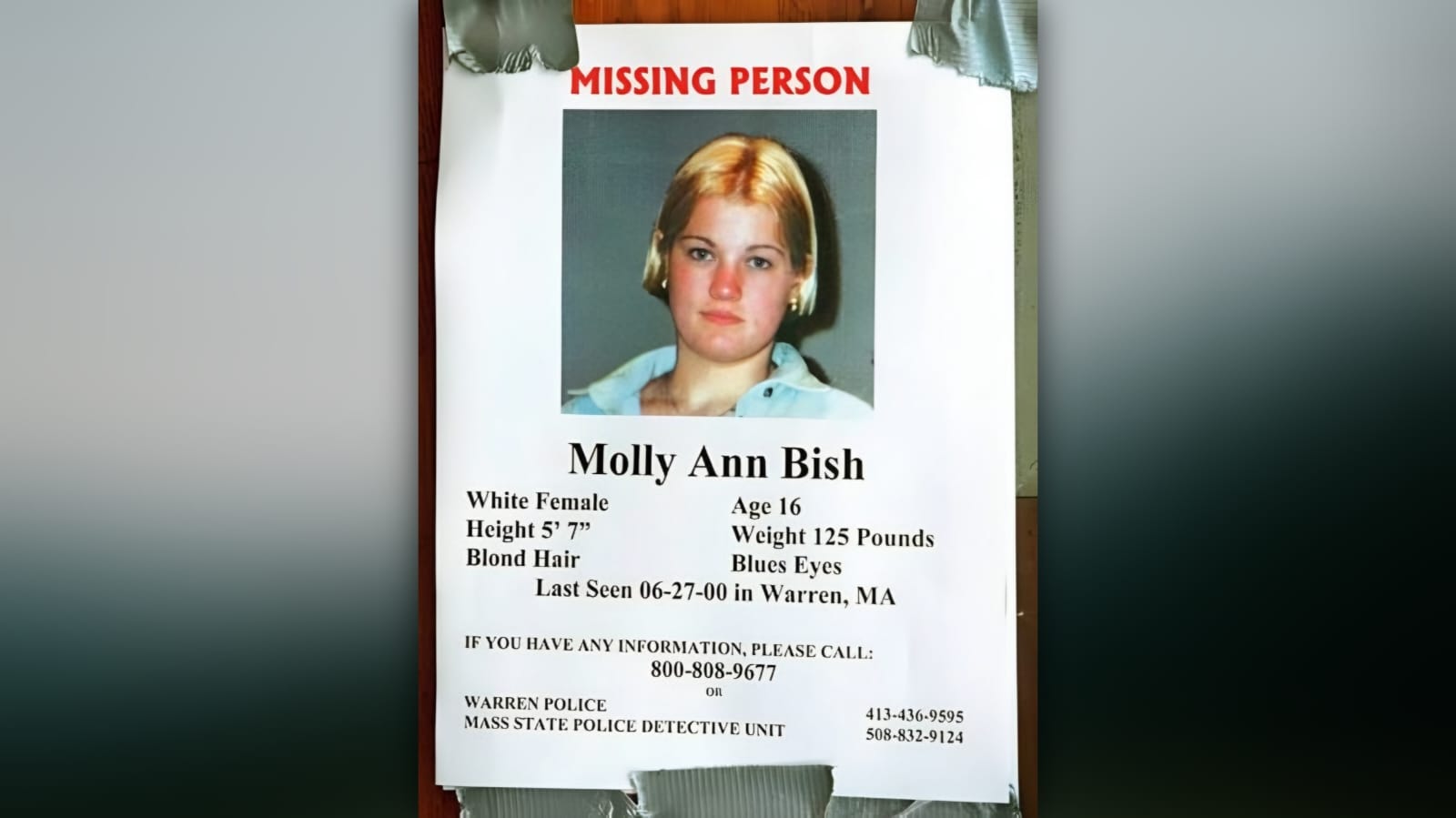 Official missing person poster for 16-year-old Molly Bish, showing her photo and details from the Warren Police Department’s search after she disappeared from Comins Pond in 2000.