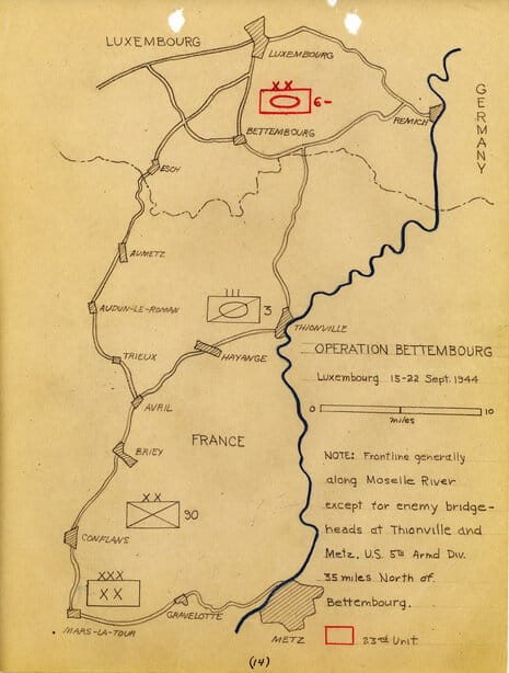 An instructional map of the Operation Bettembourg, displaying the route of the Ghost Army. Photo courtesy of the Ghost Army Legacy Project.