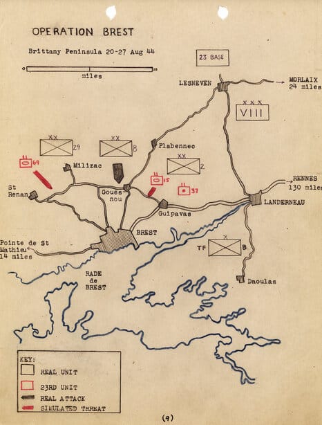 An instructional map used during Operation Brest' signifying the positions of the real unit as well as the 23rd unit. Photo courtesy of the Ghost Army Legacy Project.