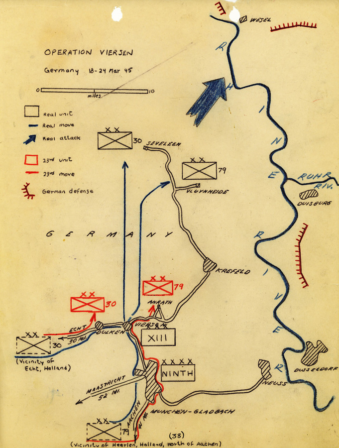 An instructional map of the Operation Viersen, displaying the route of the Ghost Army. Photo courtesy of the Ghost Army Legacy Project.