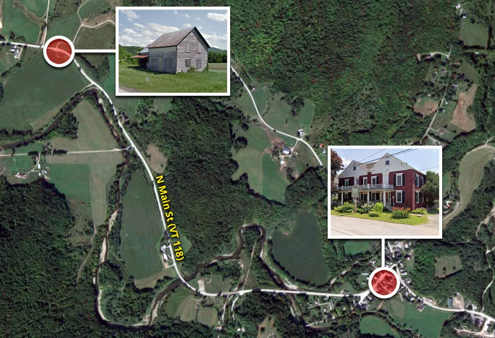 Map showing the route between the Black Lantern Inn in Montgomery, Vermont, and the location where Brianna Maitland’s car was found.