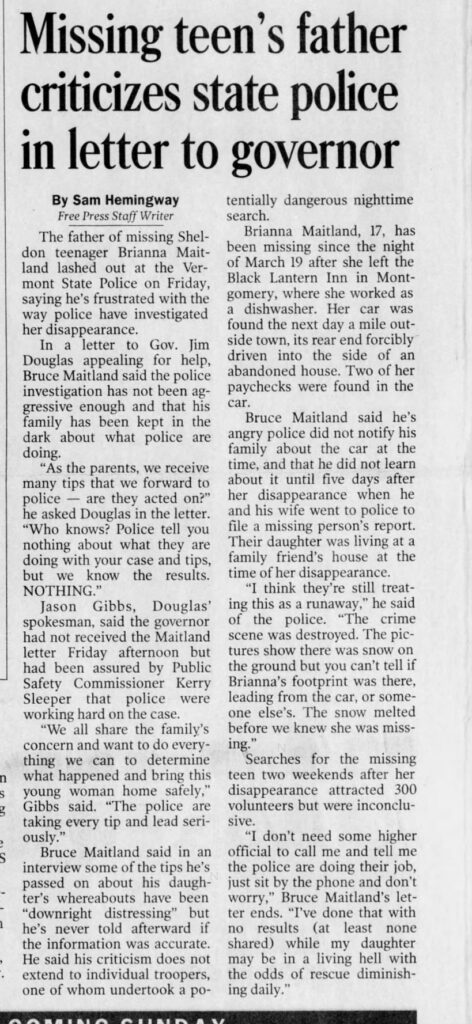 Newspaper article about Bruce Maitland’s frustration with the investigation into Brianna Maitland’s disappearance.