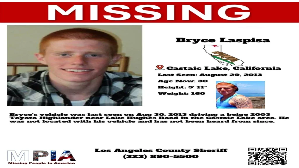 Missing person poster for Bryce Laspisa with his photo and case details.