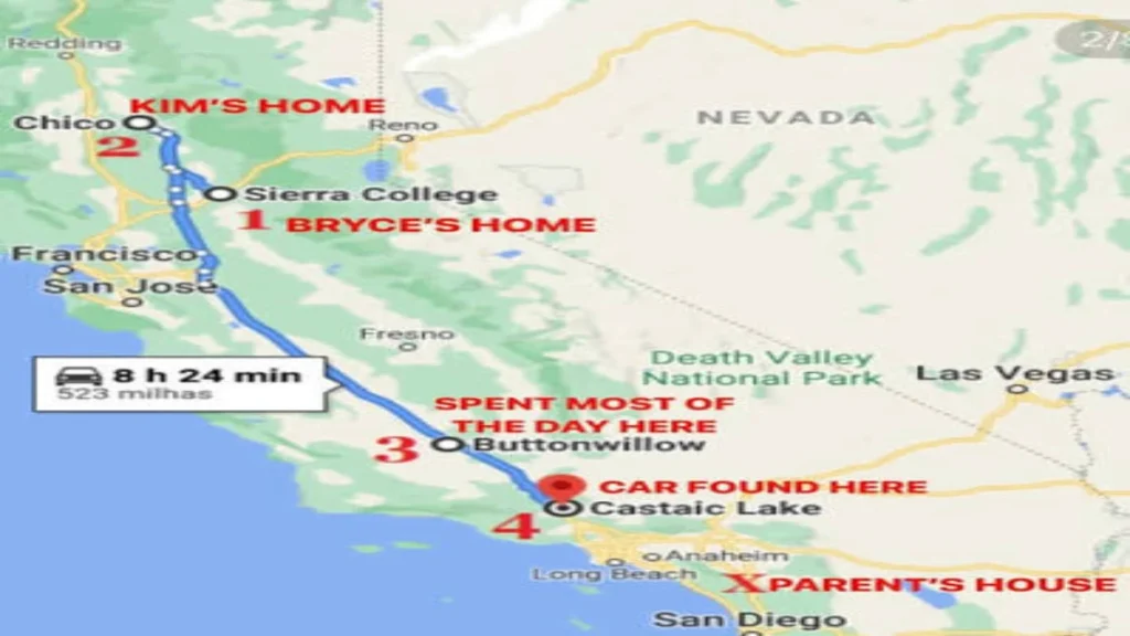 Route map showing Bryce Laspisa’s final drive through California before he disappeared near Castaic Lake.