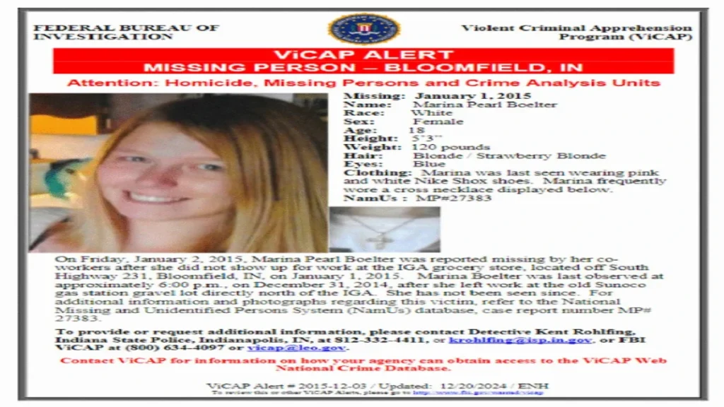 The official FBI Violent Criminal Apprehension Program (ViCAP) missing person alert for 18-year-old Marina Pearl Boelter
