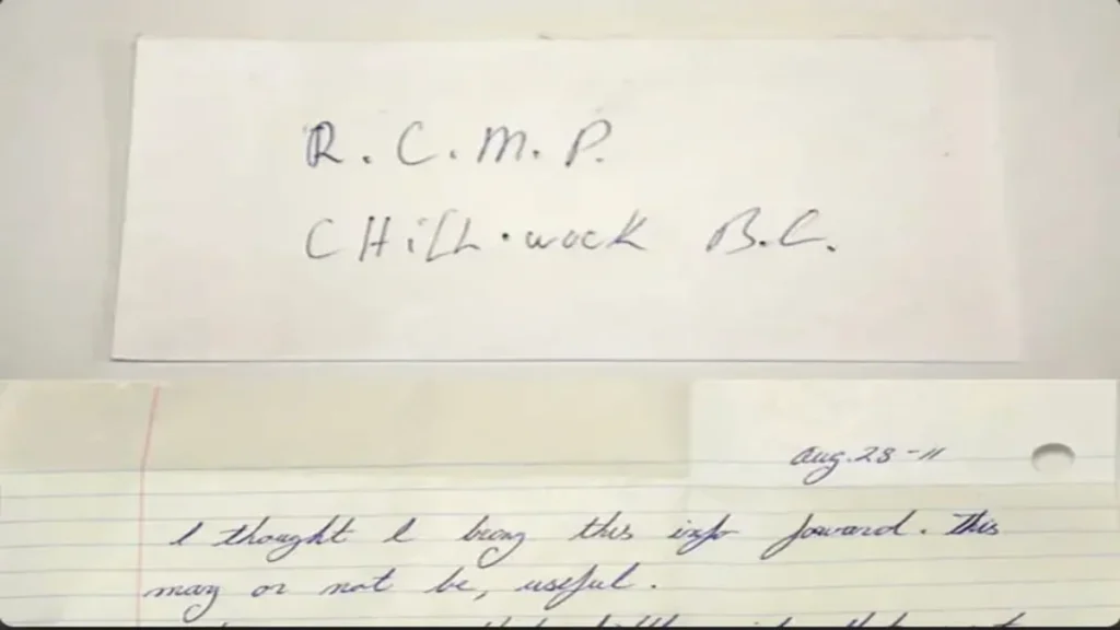 Partial view of a 2011 letter and envelope connected to the investigation into Jo-Anne Pedersen’s disappearance.
