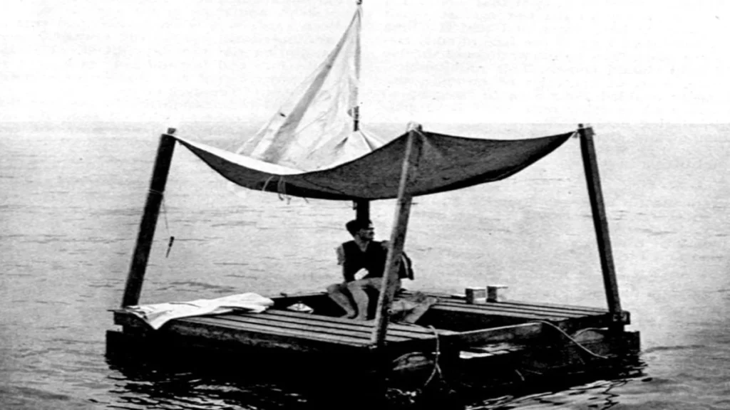 Poon Lim standing beside a survival raft used for U.S. Navy survival training, years after he survived 133 days alone at sea during World War II.Poon Lim and his raft, photographed for U.S. Navy survival training in 1945. Public domain, via National Geographic Magazine yearbook.