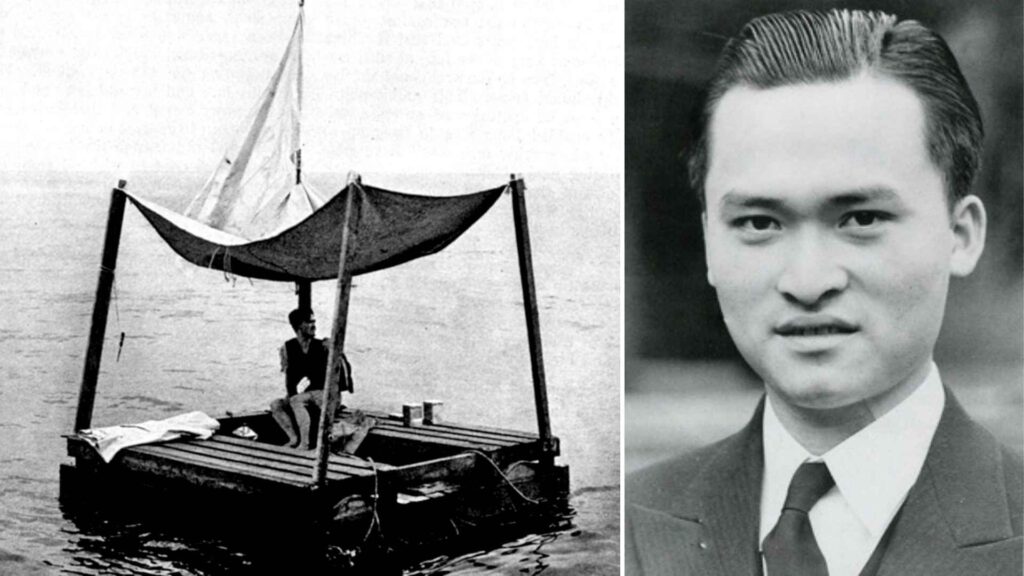 Composite image of Poon Lim, showing him beside a survival raft on the left and a portrait of him on the right.