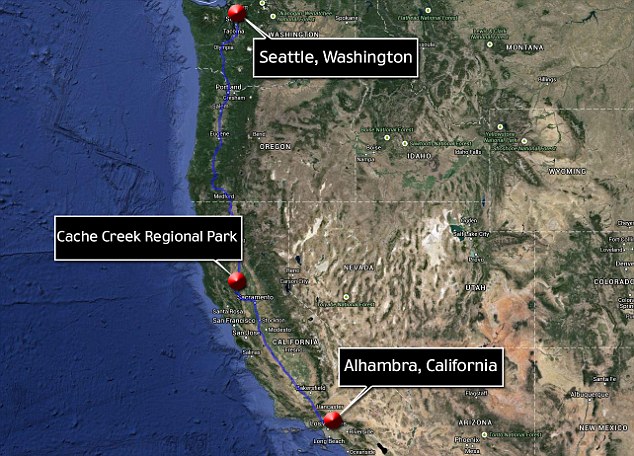 Map tracing Rico Harris’s intended drive from Alhambra to Seattle and the location near Cache Creek where his car was found.