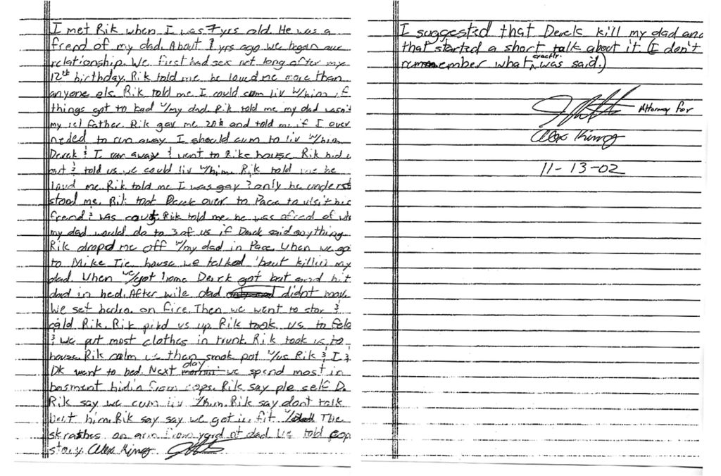 Handwritten confession submitted by Alex King in the Terry King murder case.