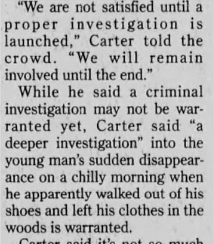 2002 newspaper clipping about protests demanding a stronger investigation into Christopher Thompkins’s disappearance.