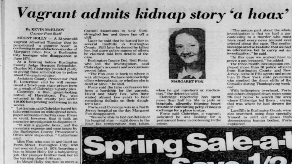 A historical clipping from the Courier-Post newspaper detailing the confession of 53-year-old vagrant Charles M. Clobridge