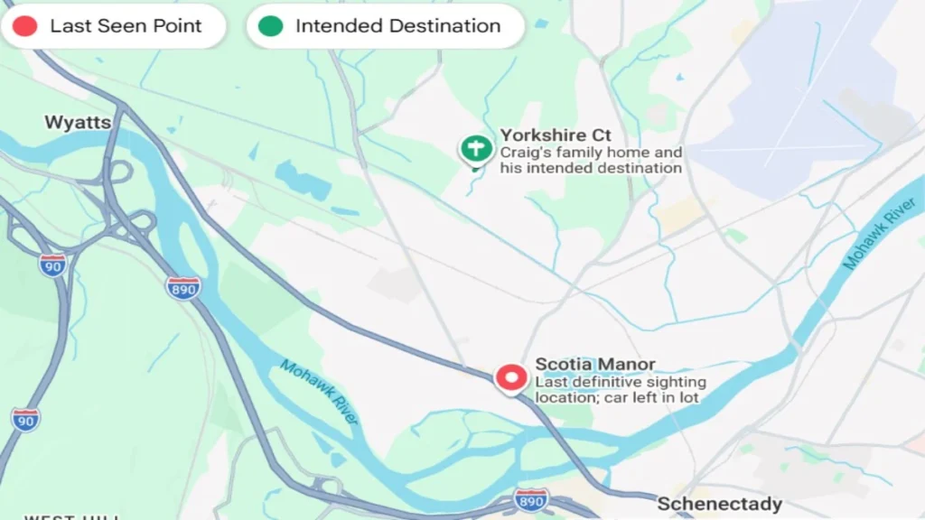 Map of key locations tied to Craig Frear’s 2004 disappearance in Scotia, New York, including his last known whereabouts and intended route.