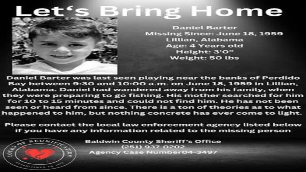 Missing-person poster for Daniel Barter with a childhood portrait and details about his 1959 disappearance.