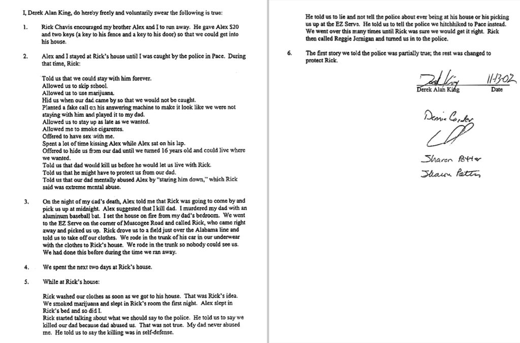 Typed statement submitted by Derek King in the Terry King murder case.