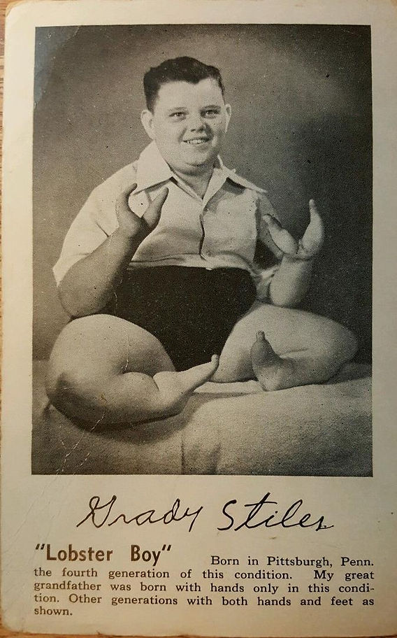 Signed vintage sideshow pitch card featuring Grady Stiles.