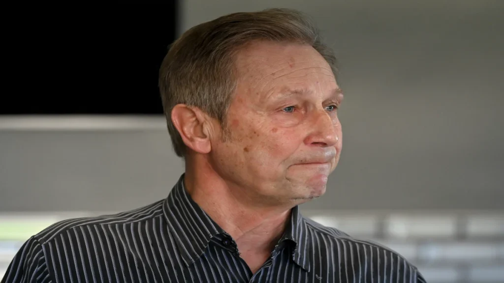Gregg Hardy, brother of Dee Warner, at a press conference during the investigation into her disappearance.