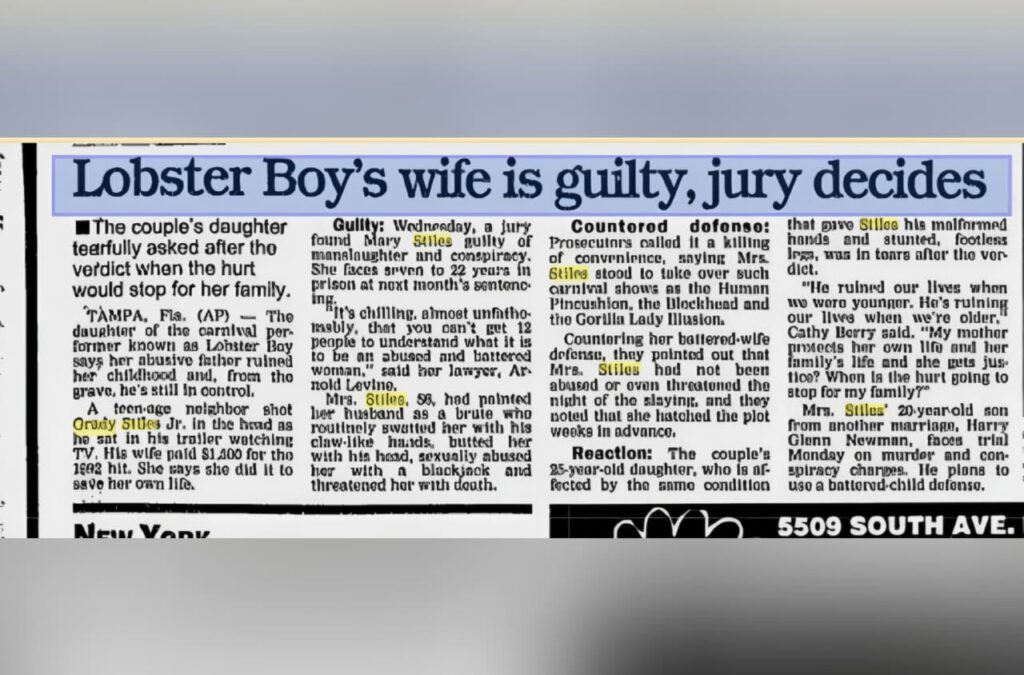 Newspaper clipping covering Mary Teresa Stiles’s conviction in the Grady Stiles murder case.
