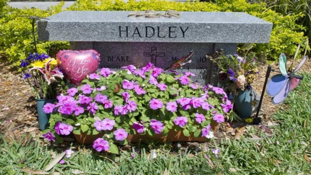 This is the joint headstone of Blake and Mary Jo Hadley, the parents murdered by their teenage son Tyler Hadley in July 2011.