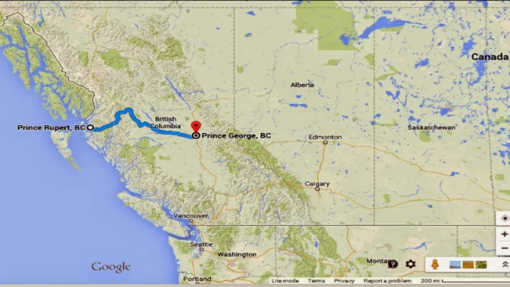 Map of Highway 16 between Prince George and Prince Rupert in British Columbia, known as the Highway of Tears.