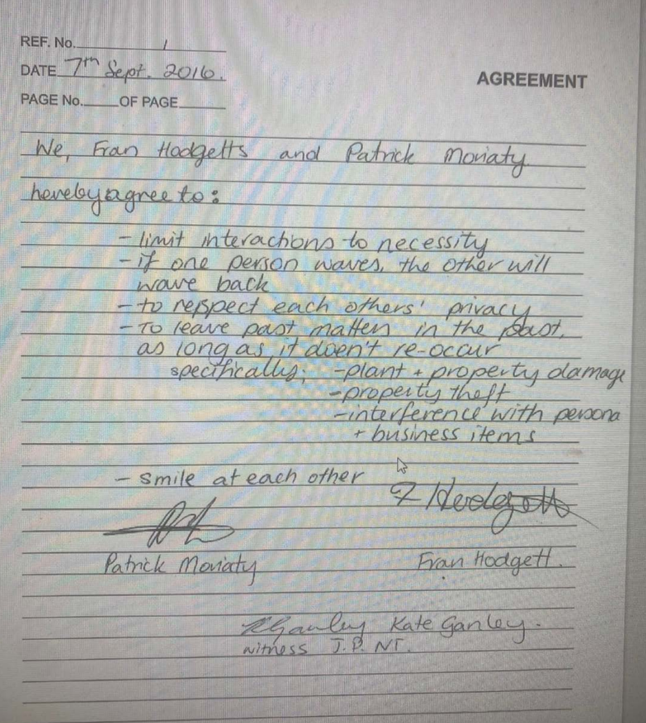 Handwritten 2016 agreement between Patrick Moriarty and Fran Hodgetts outlining boundaries for their interactions, including respecting privacy, avoiding property damage and theft, and “smiling at each other,” signed by both parties and a witness.