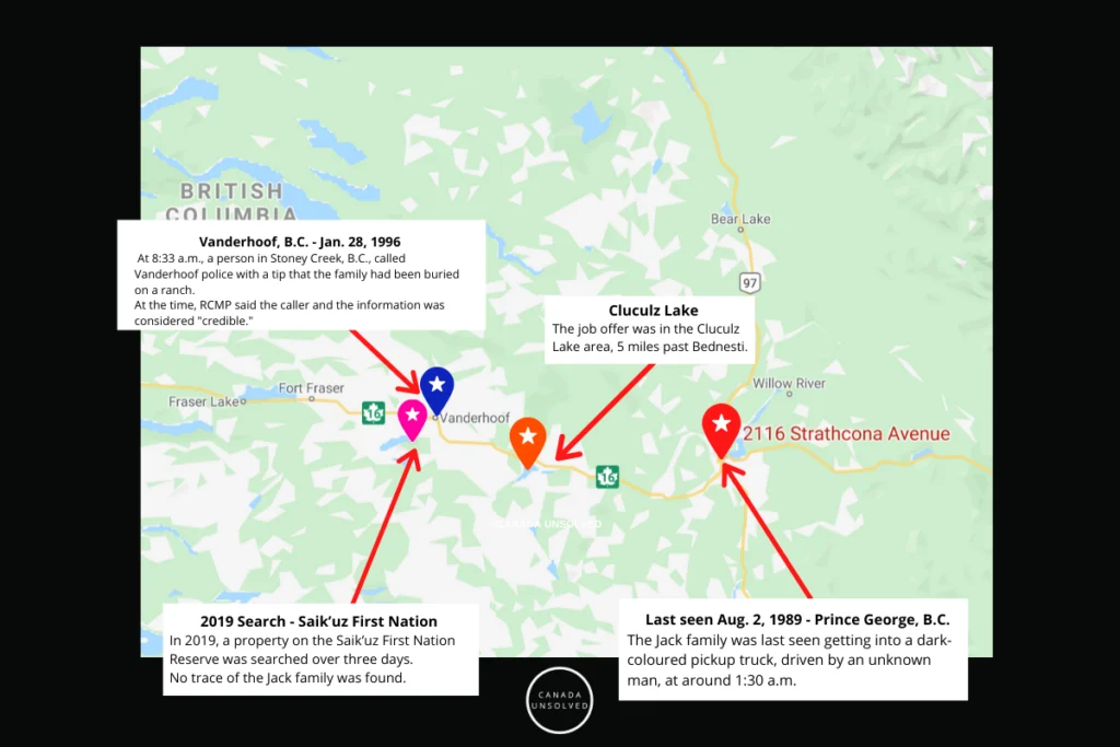 Map showing locations connected to the Jack family disappearance along Highway 16 in British Columbia.