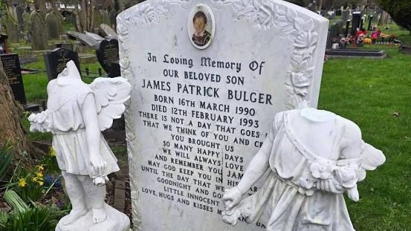 James Bulger’s grave in Kirkby, Merseyside, with his memorial headstone and angel statues.