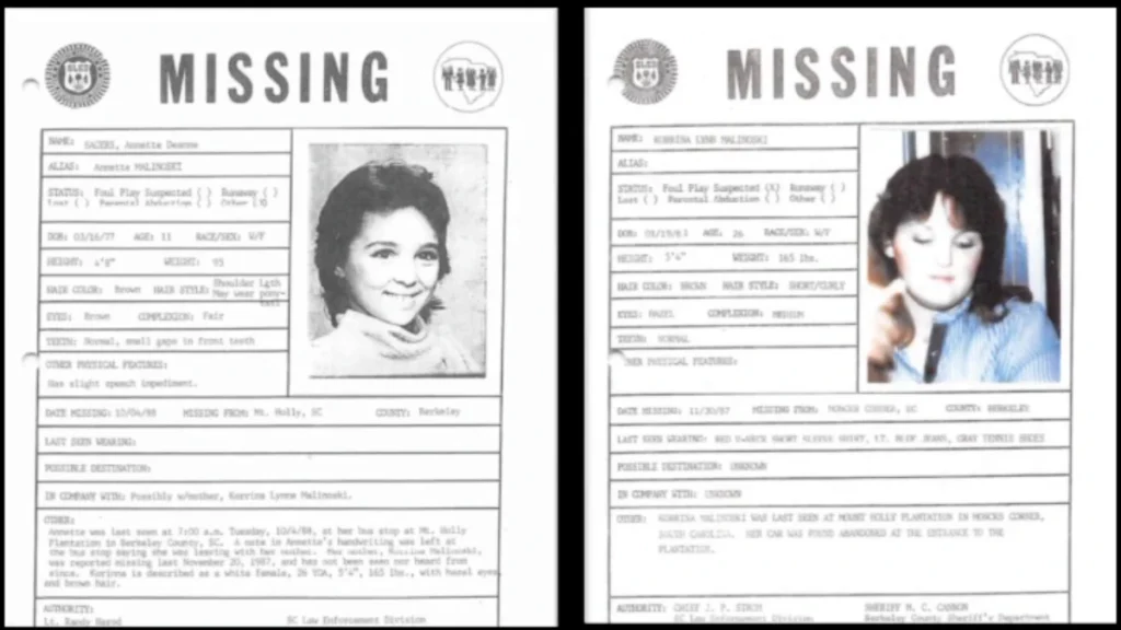 Law enforcement missing-person posters for Annette Sagers and Korrina Malinoski.