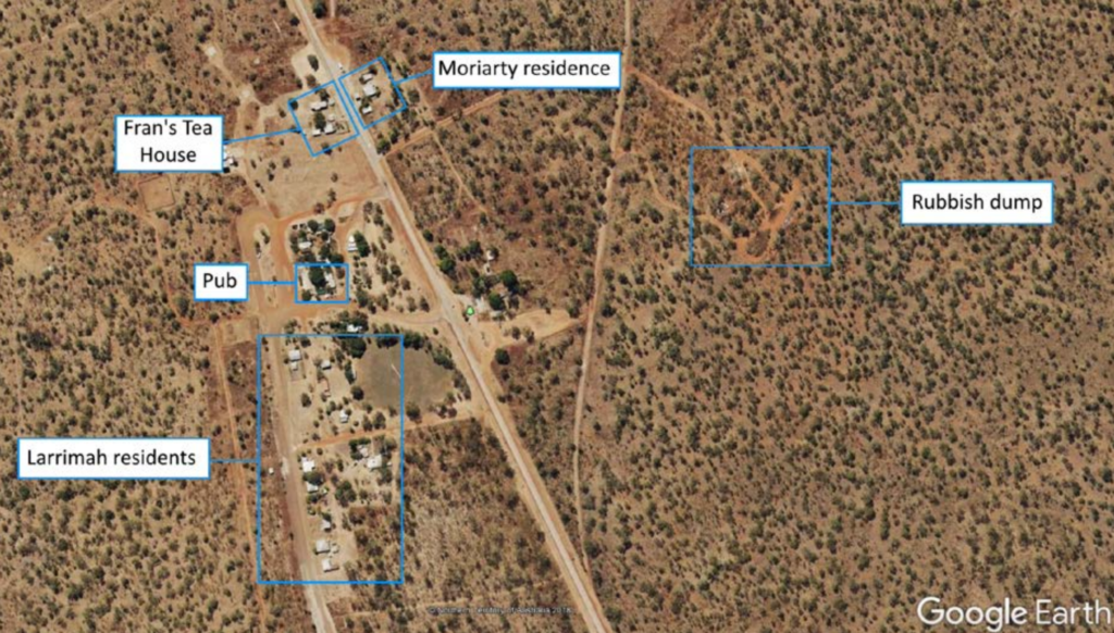 Annotated aerial map of Larrimah showing Paddy Moriarty’s residence, Fran’s Tea House, the pub, nearby residents’ homes, and the rubbish dump.