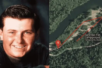 Side-by-side image of Michael Madden and a satellite view of Sand Bar Flat Campground, where he disappeared in 1996.