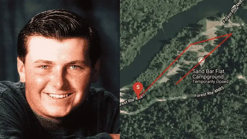 Side-by-side image of Michael Madden and a satellite view of Sand Bar Flat Campground, where he disappeared in 1996.