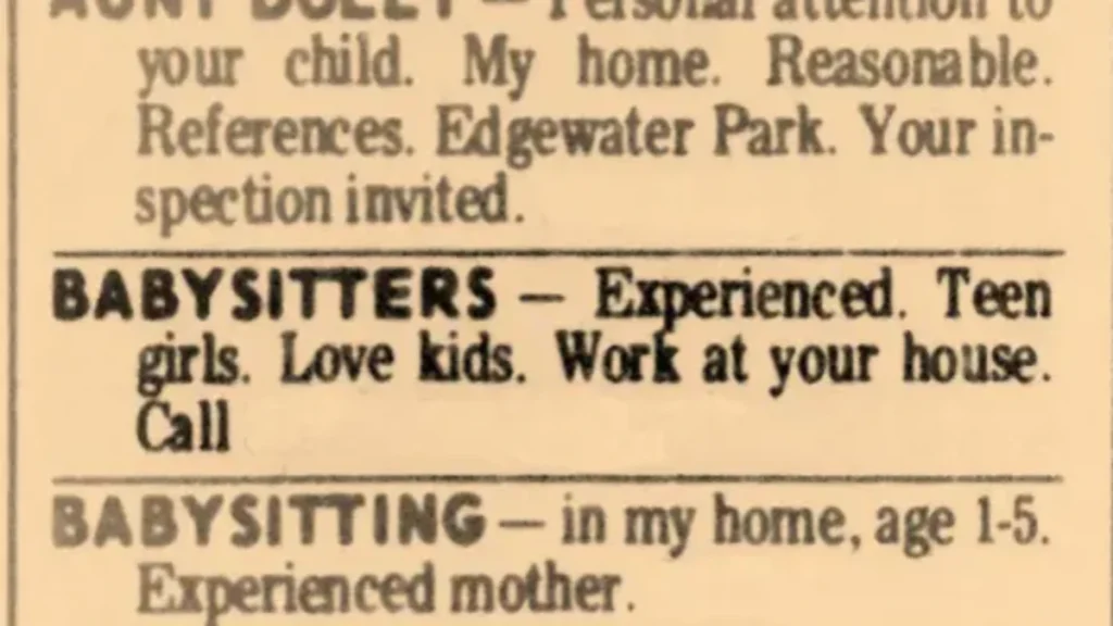 the ad Margaret and Lynne Placed in the newspaper in 1974 for a babysitting Job
