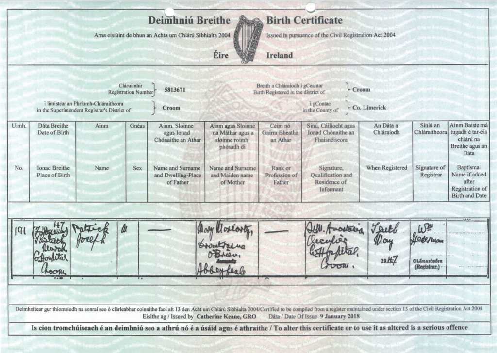 Irish birth certificate for Patrick Joseph “Paddy” Moriarty, recording his 1947 birth in County Limerick and listing his mother as Mary Moriarty.