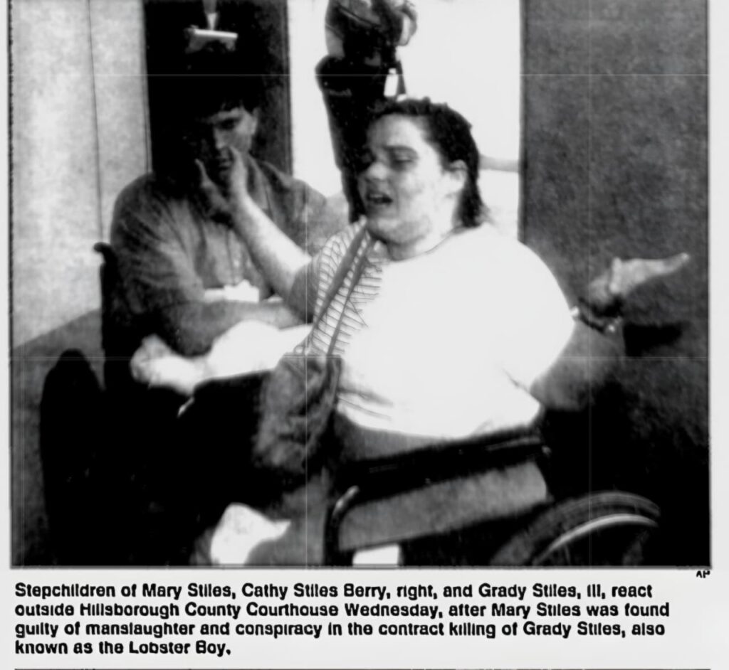 Cathy Stiles and Grady Stiles III reacting to the conviction of Mary Teresa Stiles.