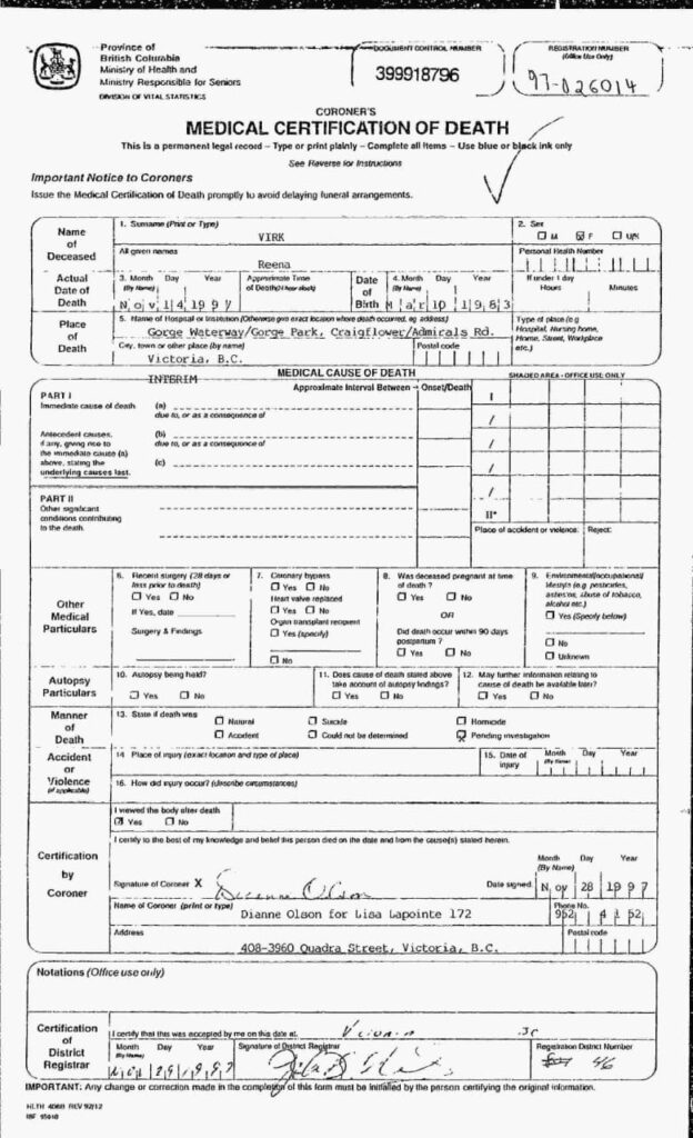 Reena Virk's death certificate, as posted on findagrave.com.