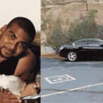 Split image showing Rico Harris holding a small white dog beside a photograph of his black Nissan Maxima parked near Cache Creek.