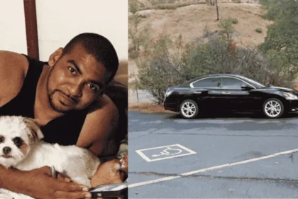 Split image showing Rico Harris holding a small white dog beside a photograph of his black Nissan Maxima parked near Cache Creek.