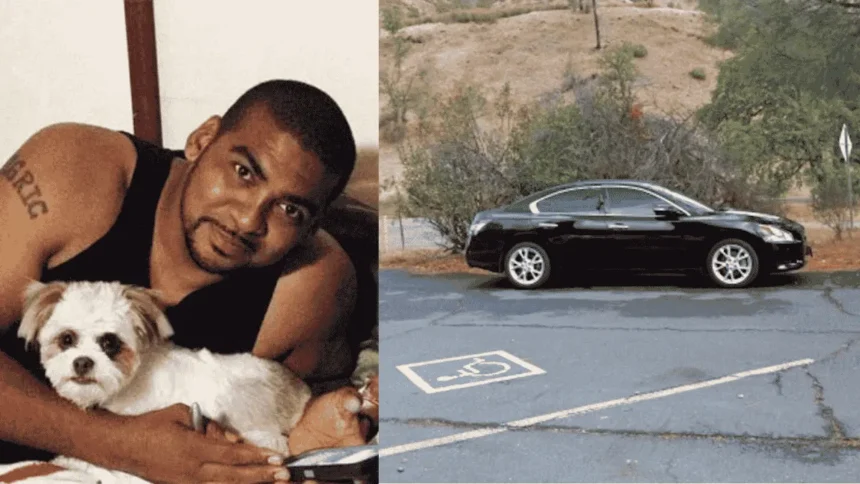 Split image showing Rico Harris holding a small white dog beside a photograph of his black Nissan Maxima parked near Cache Creek.