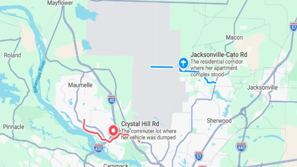 Map tracing the route from Darla Harper’s apartment in Gravel Ridge to Crystal Hill Road near North Little Rock.