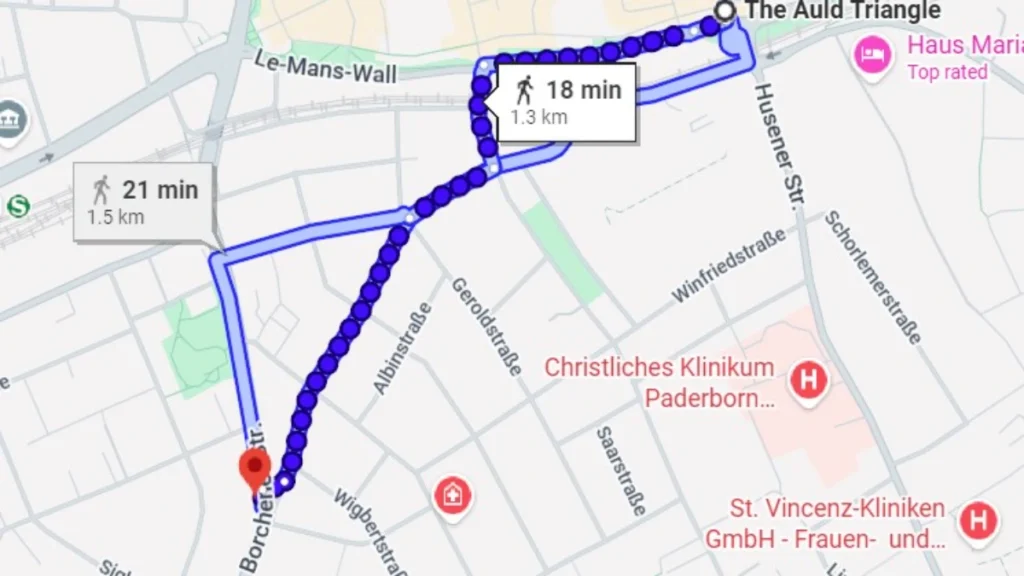 Map tracing the route from The Auld Triangle Irish Pub to Frauke Liebs’ apartment in Paderborn.
