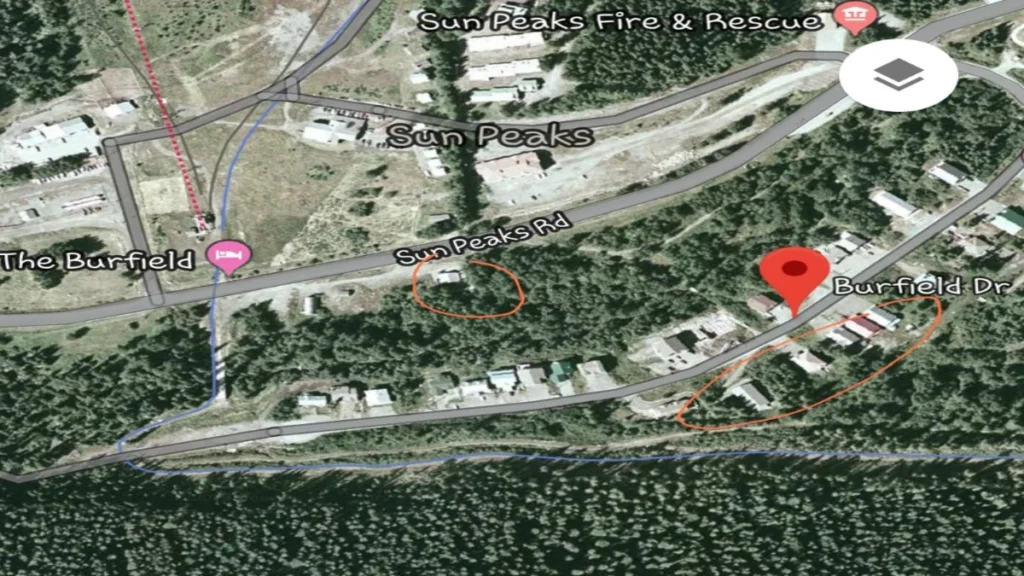 A satellite map view of the Sun Peaks Resort area, showing Burfield Drive, Sun Peaks Road, and nearby landmarks