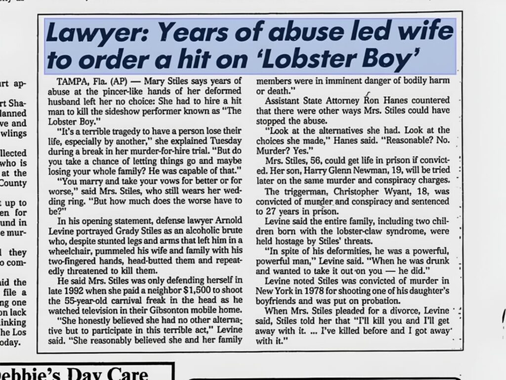 Newspaper article discussing the motives behind the murder of Grady Stiles Jr.