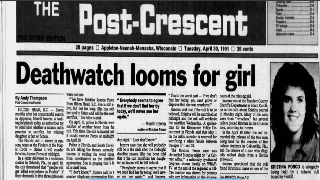 1991 Post-Crescent newspaper clipping about a hoax extortion letter linked to Kristina Porco’s disappearance.